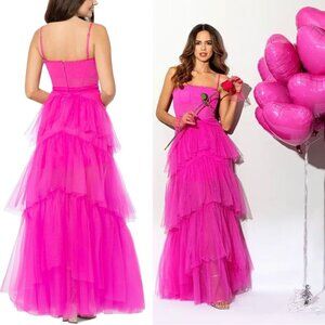 Betsy & Adam Tiered Tulle Ruffle Corset Gown Dress Sz 10 Hot Pink Mesh NEW $308